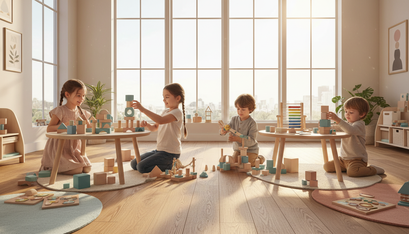Children focused on educational toys in a sunlit playroom