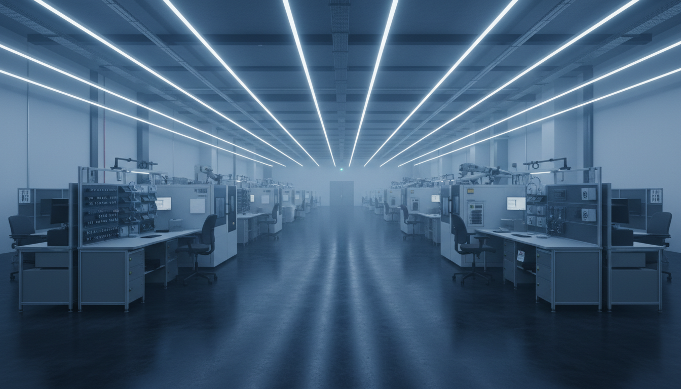 Modern organized factory floor with industrial lighting