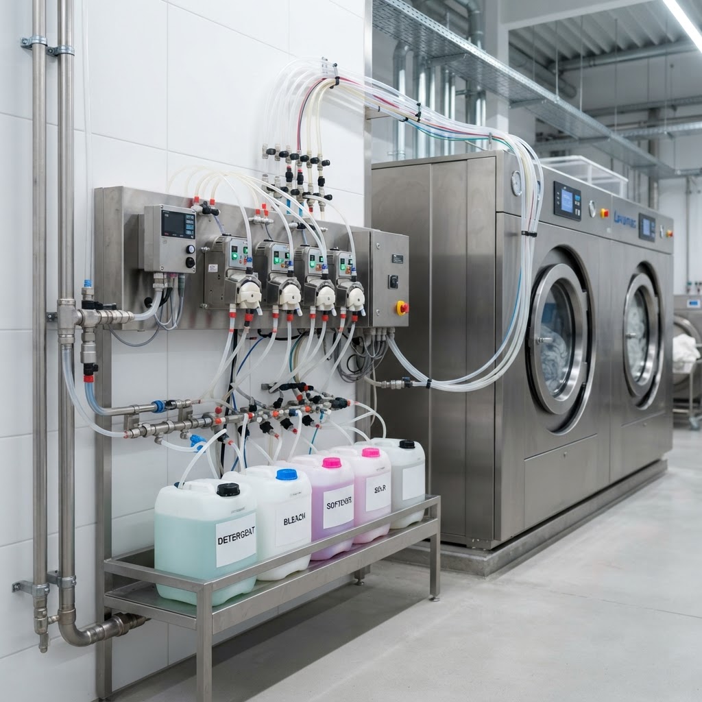 Automatyczny system dozowania chemii pralniczej w nowoczesnej pralni przemysłowej