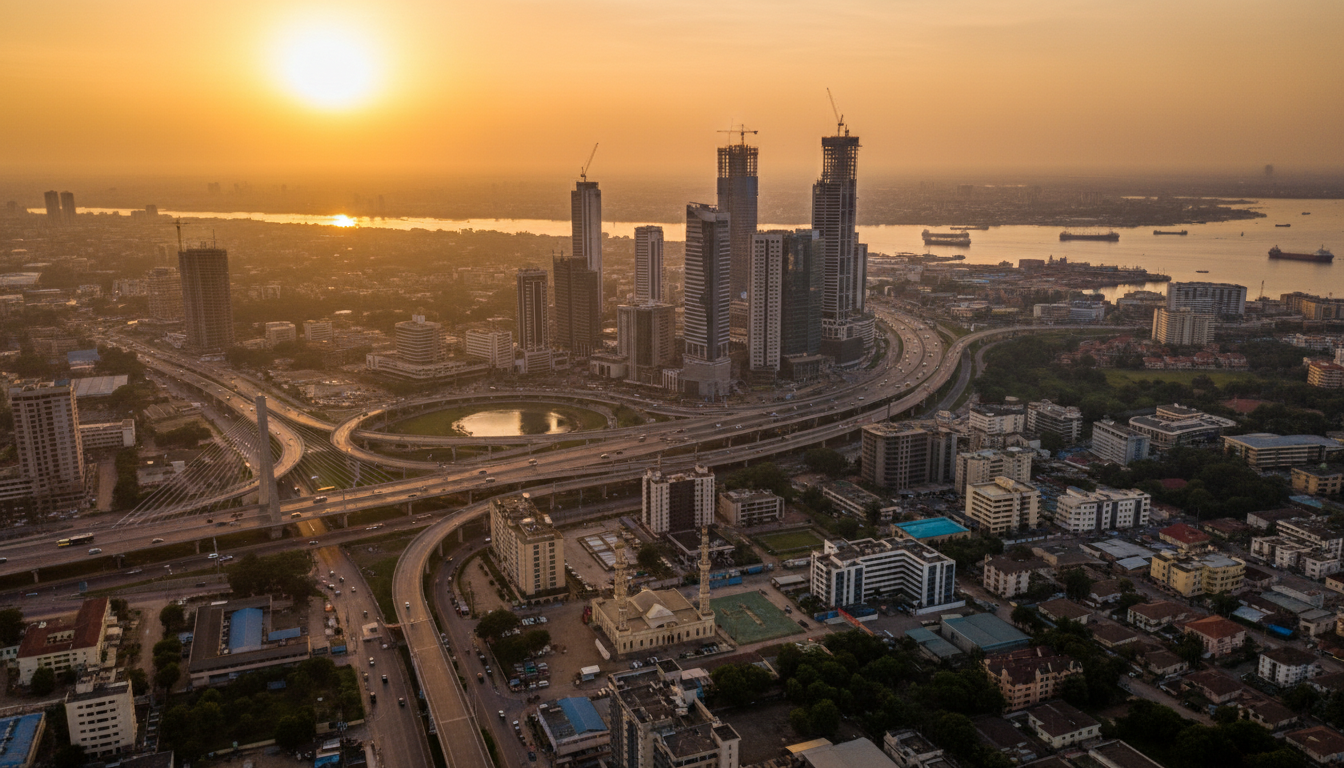 West African urban skyline at dawn