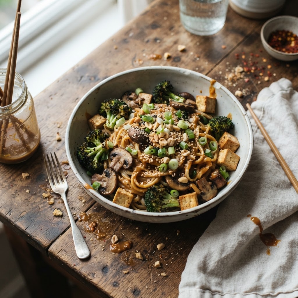 Satay Broccoli and Mushroom Noodles