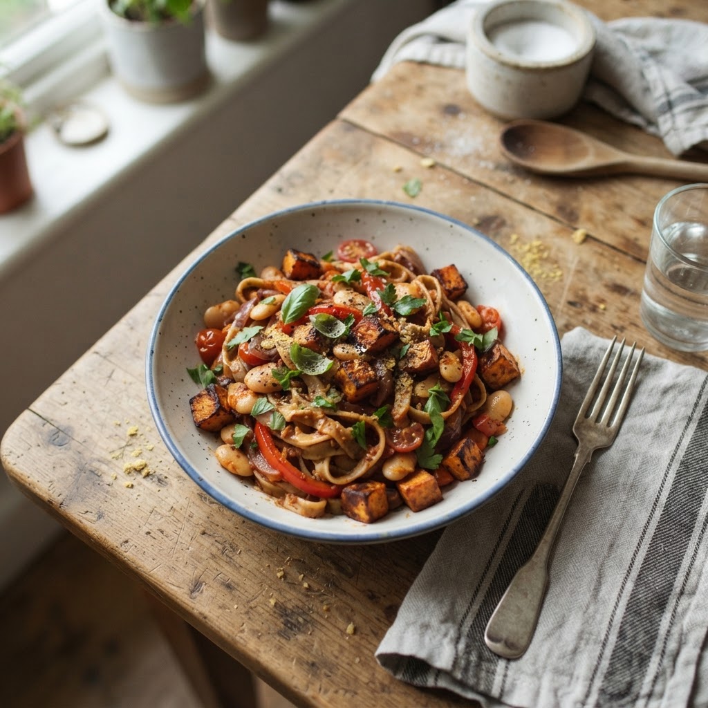 Butter Bean & Garlic Pasta with Roasted Sweet Potatoes