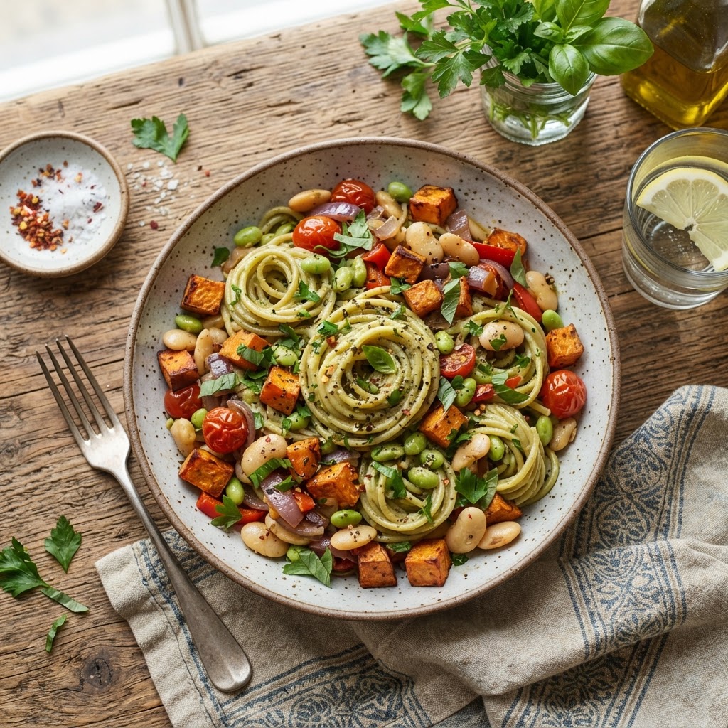 Butter Bean & Garlic Pasta with Roasted Sweet Potatoes