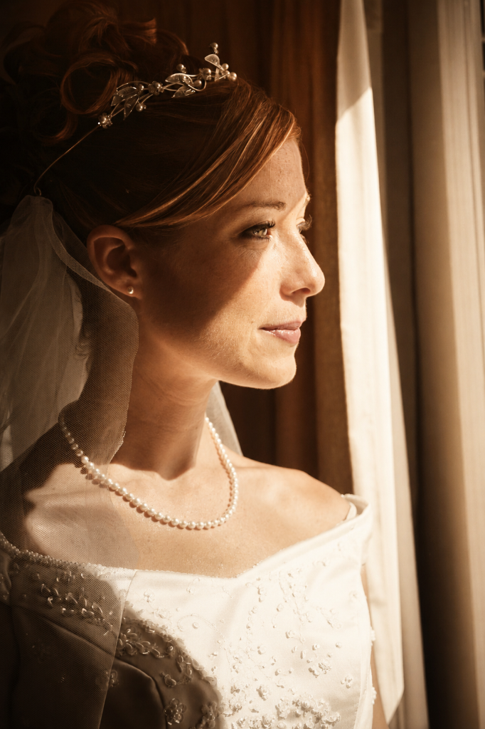 Bride close-up profile with veil, intimate lighting