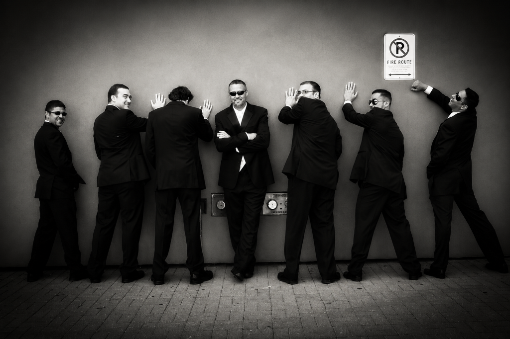 Groomsmen in black suits posed against a wall in black and white pretending to pee