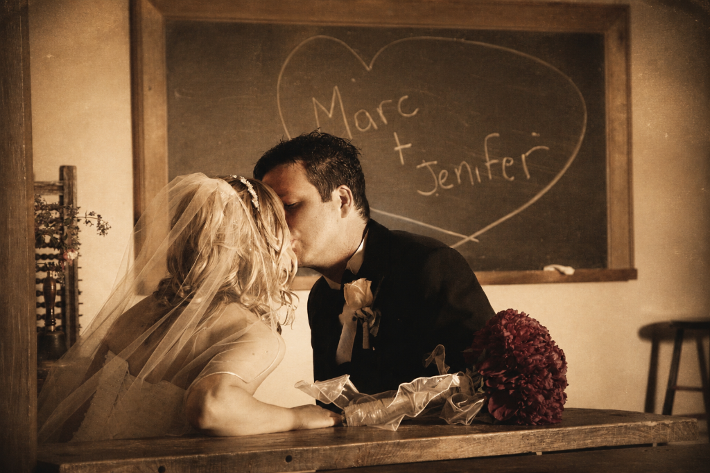 Marc & Jenifer kissing in vintage schoolhouse with chalkboard heart