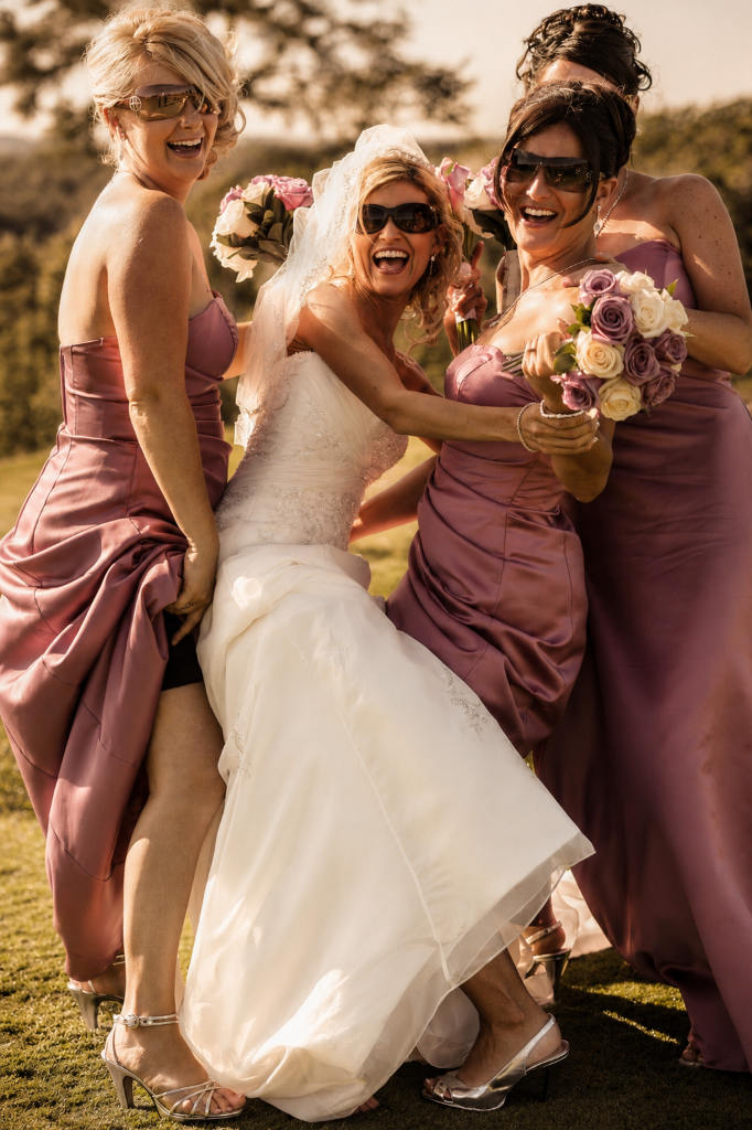 Bride and bridesmaids laughing outdoors in the sunlight