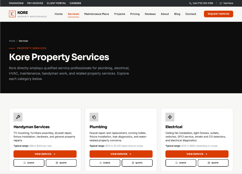 Kore Services page showing handyman, plumbing, and electrical service category cards with typical price ranges