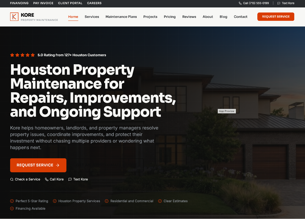 Kore Property Maintenance homepage, showing the hero headline, 5-star rating, and primary conversion actions