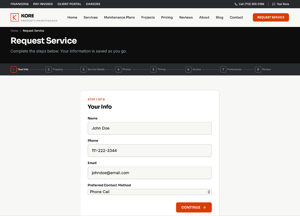 Request Service interface showing the connected customer journey step 4