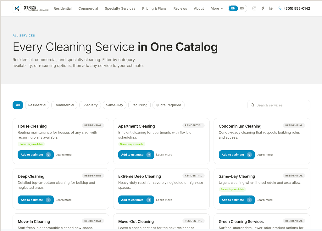 STRIDE Services page showing the filtered, cataloged service architecture with category pills and Add to Estimate actions