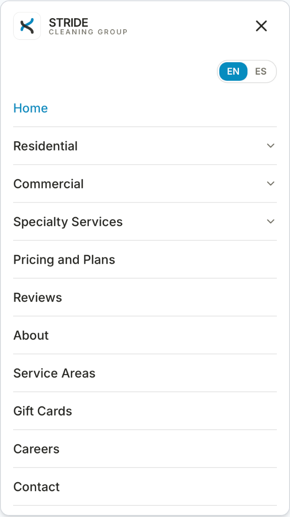 STRIDE open mobile navigation drawer showing the full page architecture