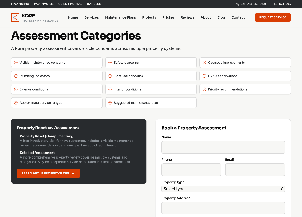 Complimentary Property Reset interface: Property Assessment