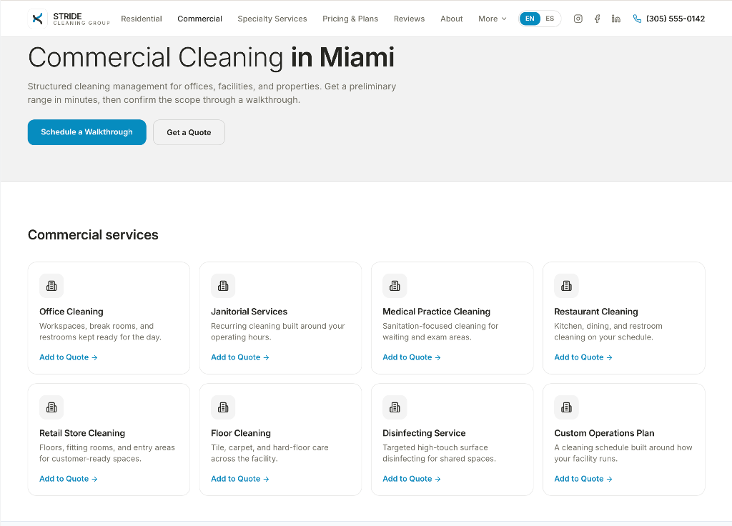 STRIDE Commercial page showing audience-specific service architecture