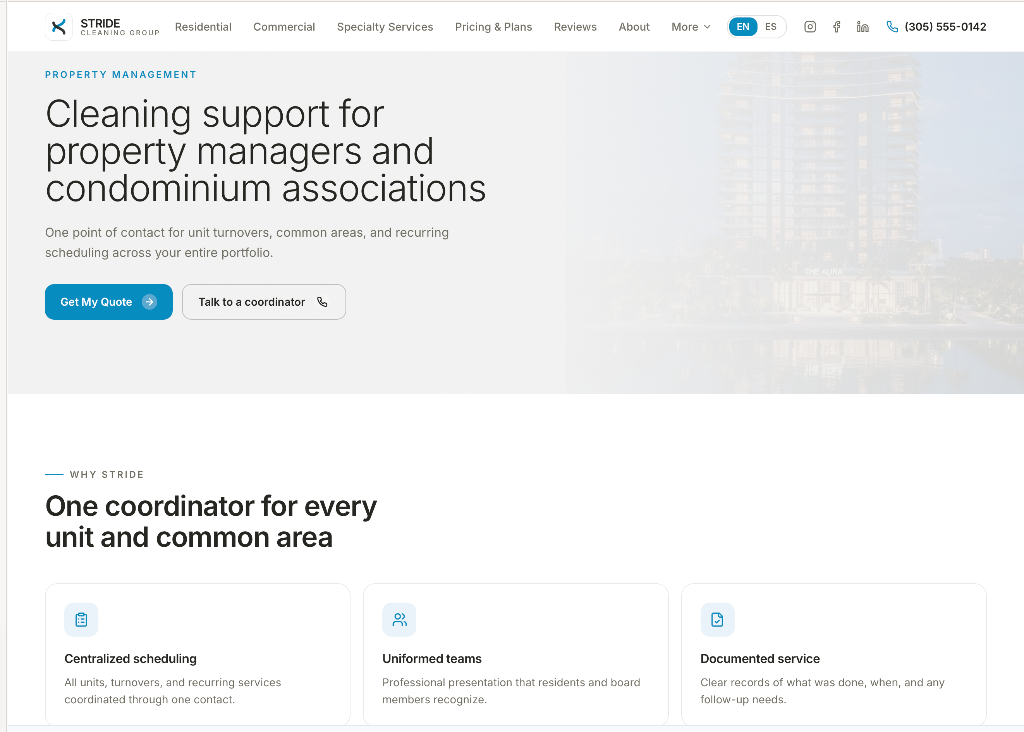 STRIDE Property Managers page showing audience-specific service architecture