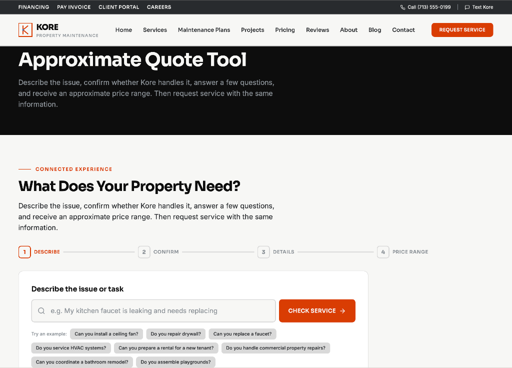 Approximate Quote Tool input state where a visitor describes a project
