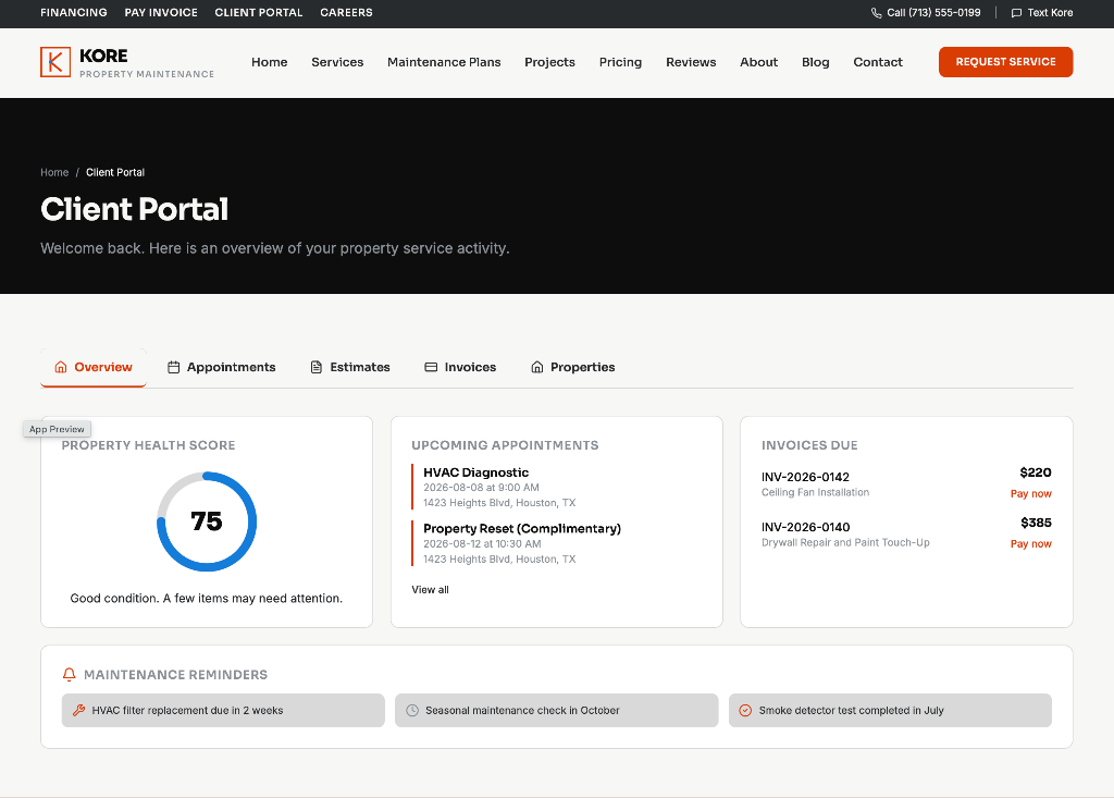 Client Portal dashboard showing property health score, appointments, and invoices