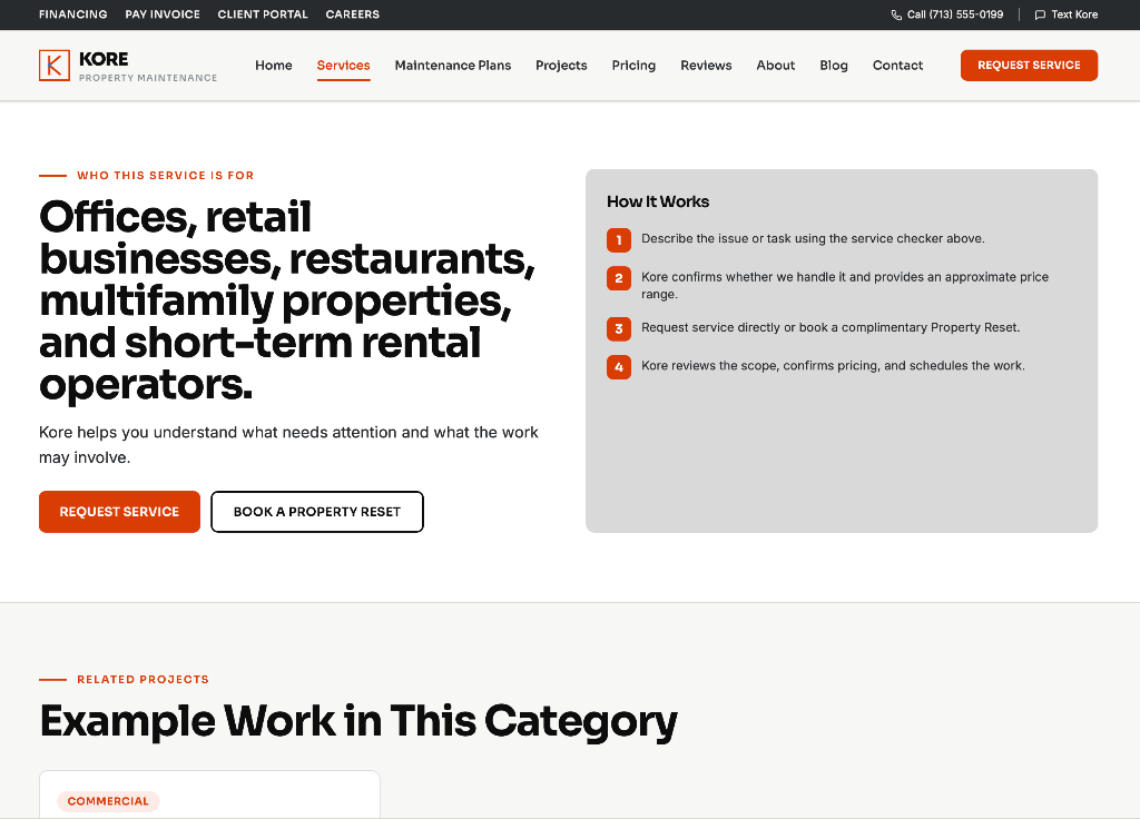 Kore Commercial Property Services page explaining recurring support for offices, retail, restaurants, and multifamily properties