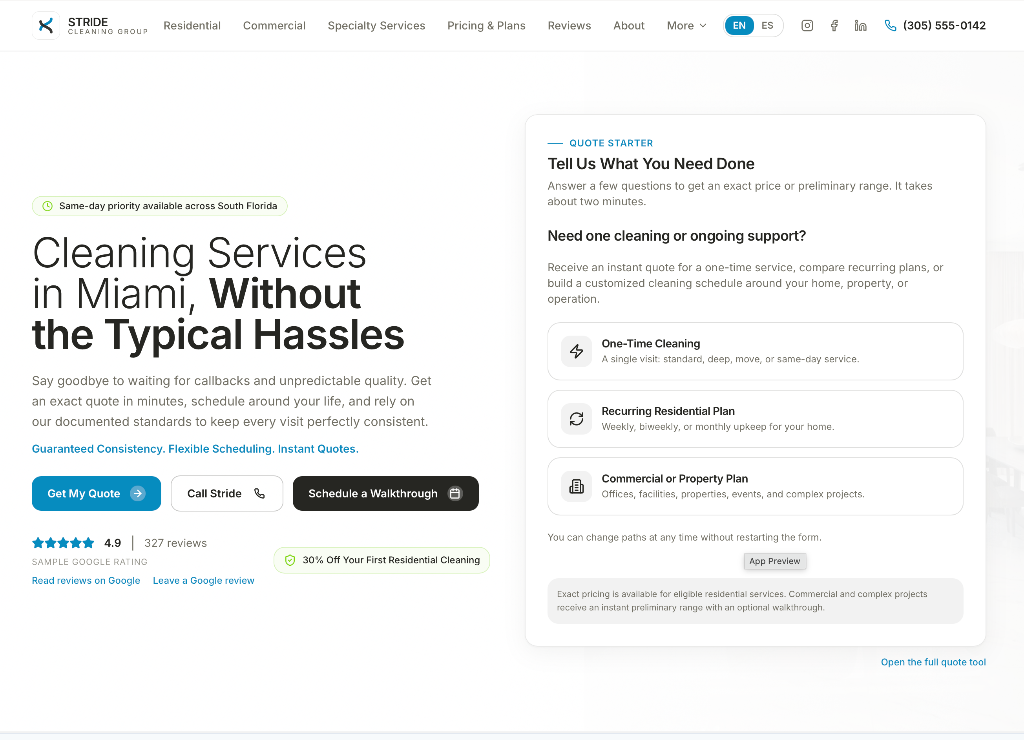 STRIDE Cleaning Group redesigned homepage desktop view with Miami headline, reviews, and quote starter