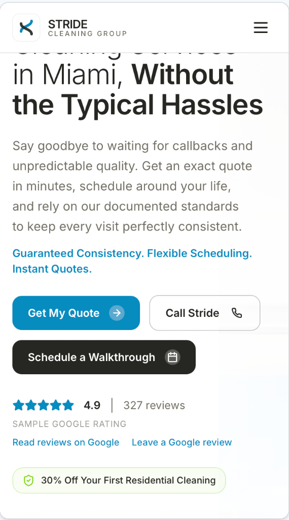 STRIDE homepage on mobile showing stacked headline, rating, and primary action buttons