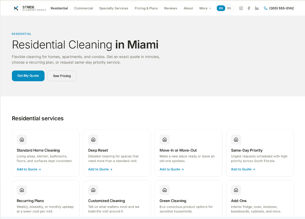 STRIDE Residential page showing audience-specific service architecture