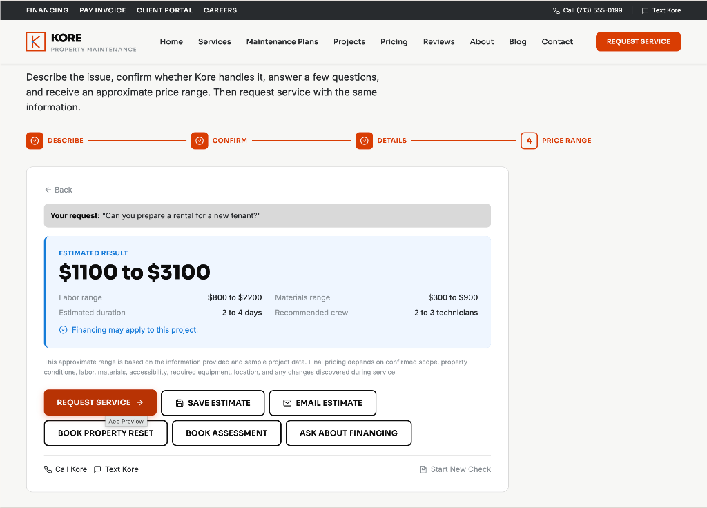 Approximate Quote Tool interface: Quote Tool result