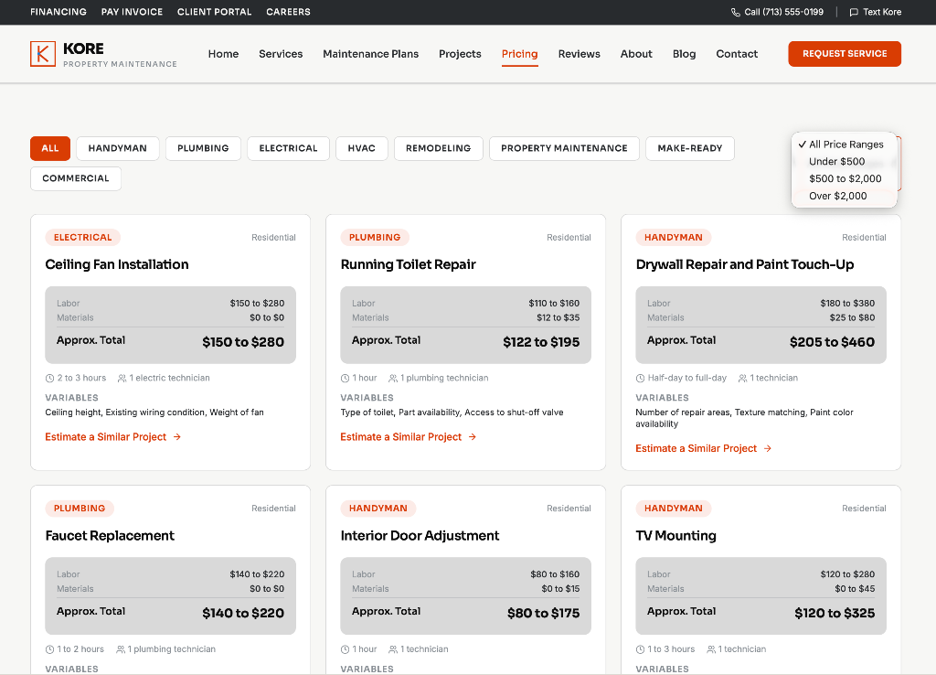 Kore project pricing page showing example projects with labor, material, and total cost breakdowns