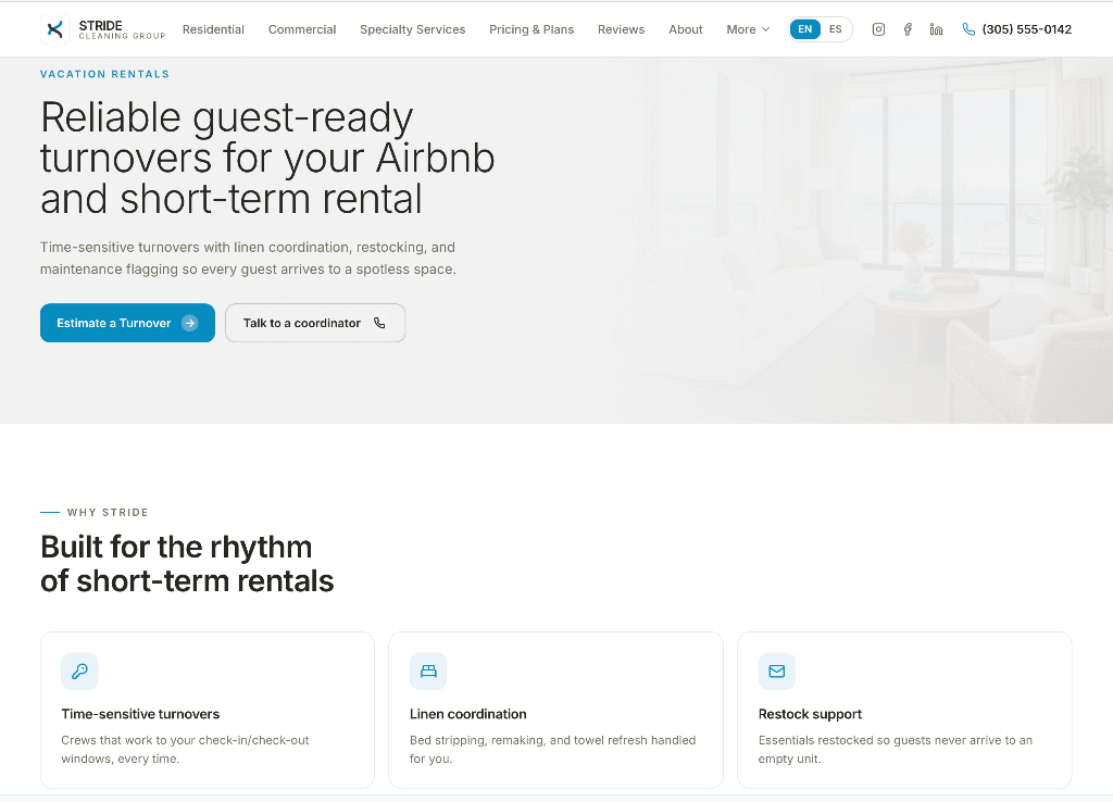 STRIDE Airbnb and Short-Term Rentals page showing audience-specific service architecture