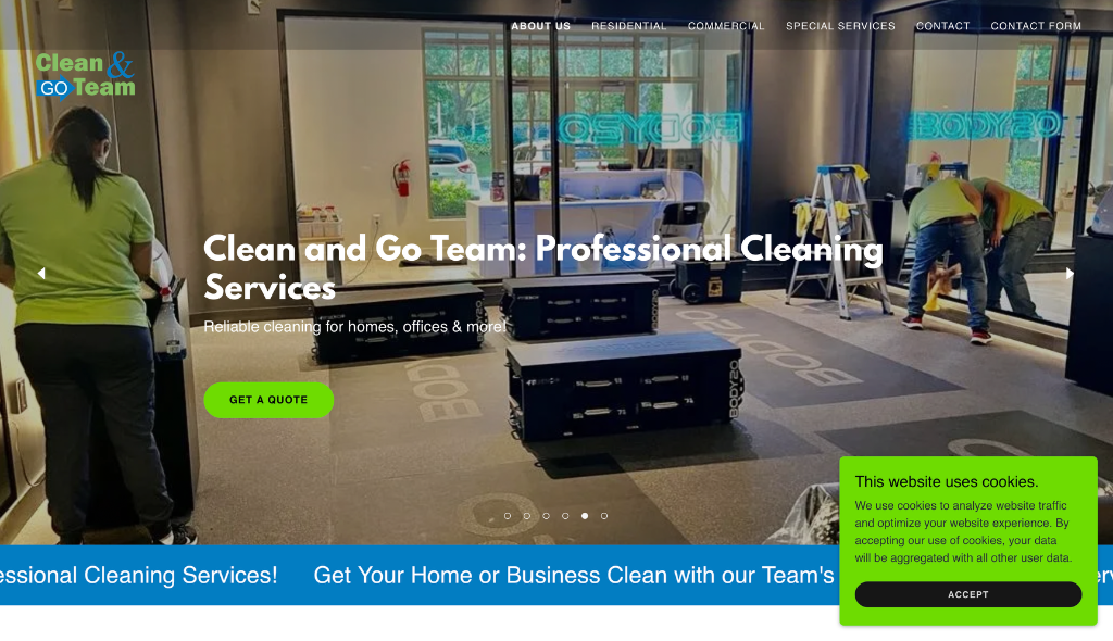Clean & Go Team original homepage with cleaning hero and single Get a Quote button