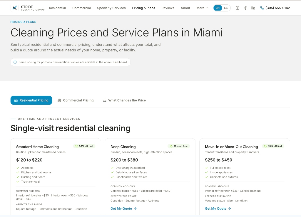 STRIDE Pricing and Plans page showing residential pricing tabs, range cards, and included services