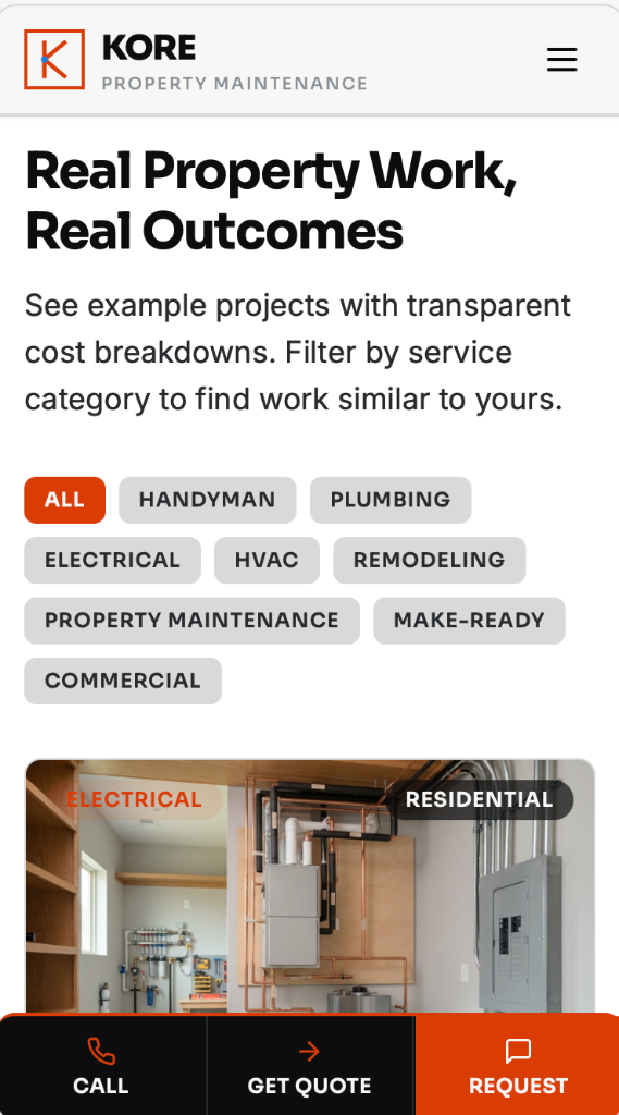 Kore homepage on mobile, showing the sticky Call, Get Quote, and Request action bar
