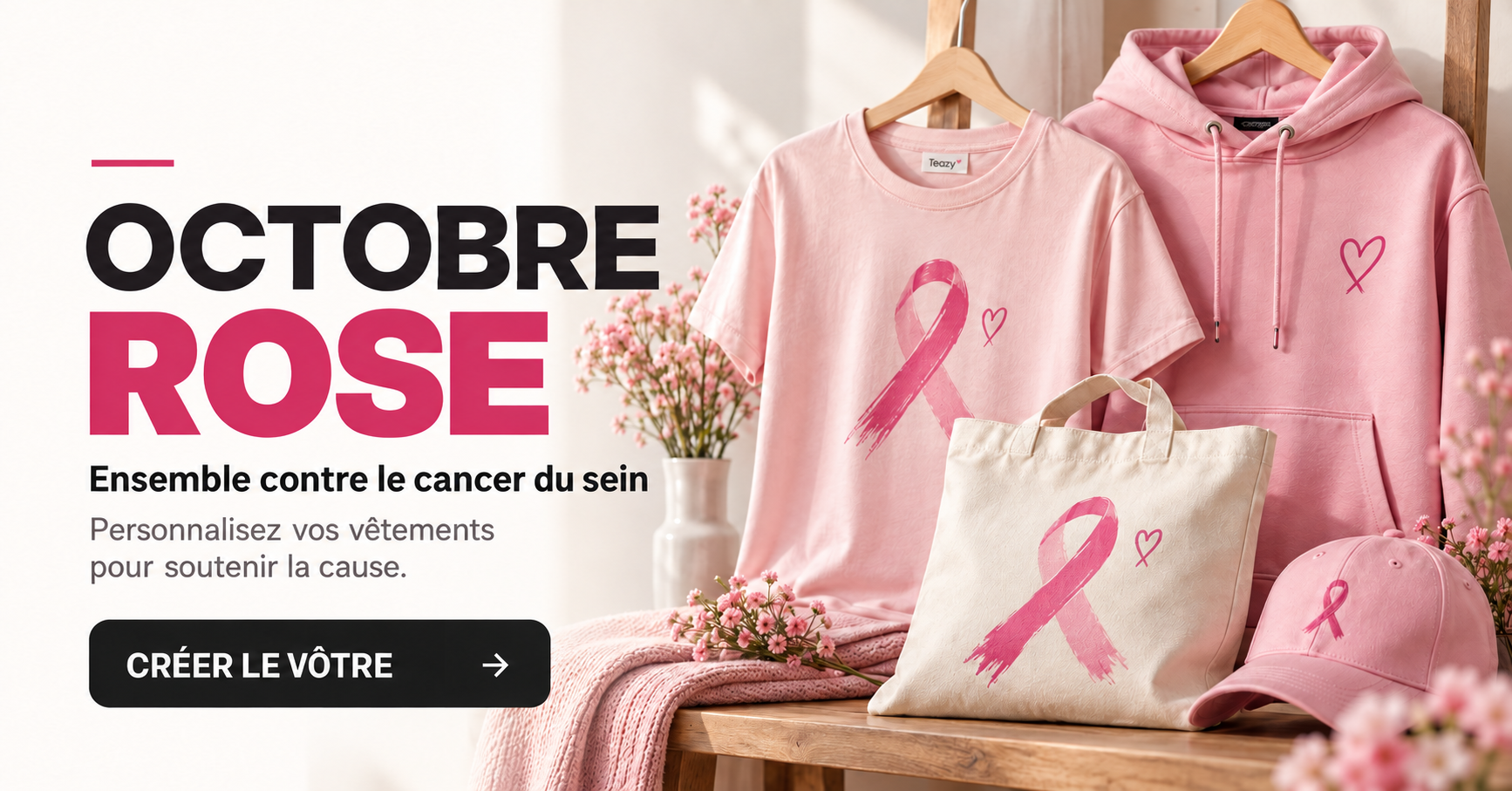 Octobre Rose — Ensemble contre le cancer du sein. Personnalisez vos vêtements pour soutenir la cause.
