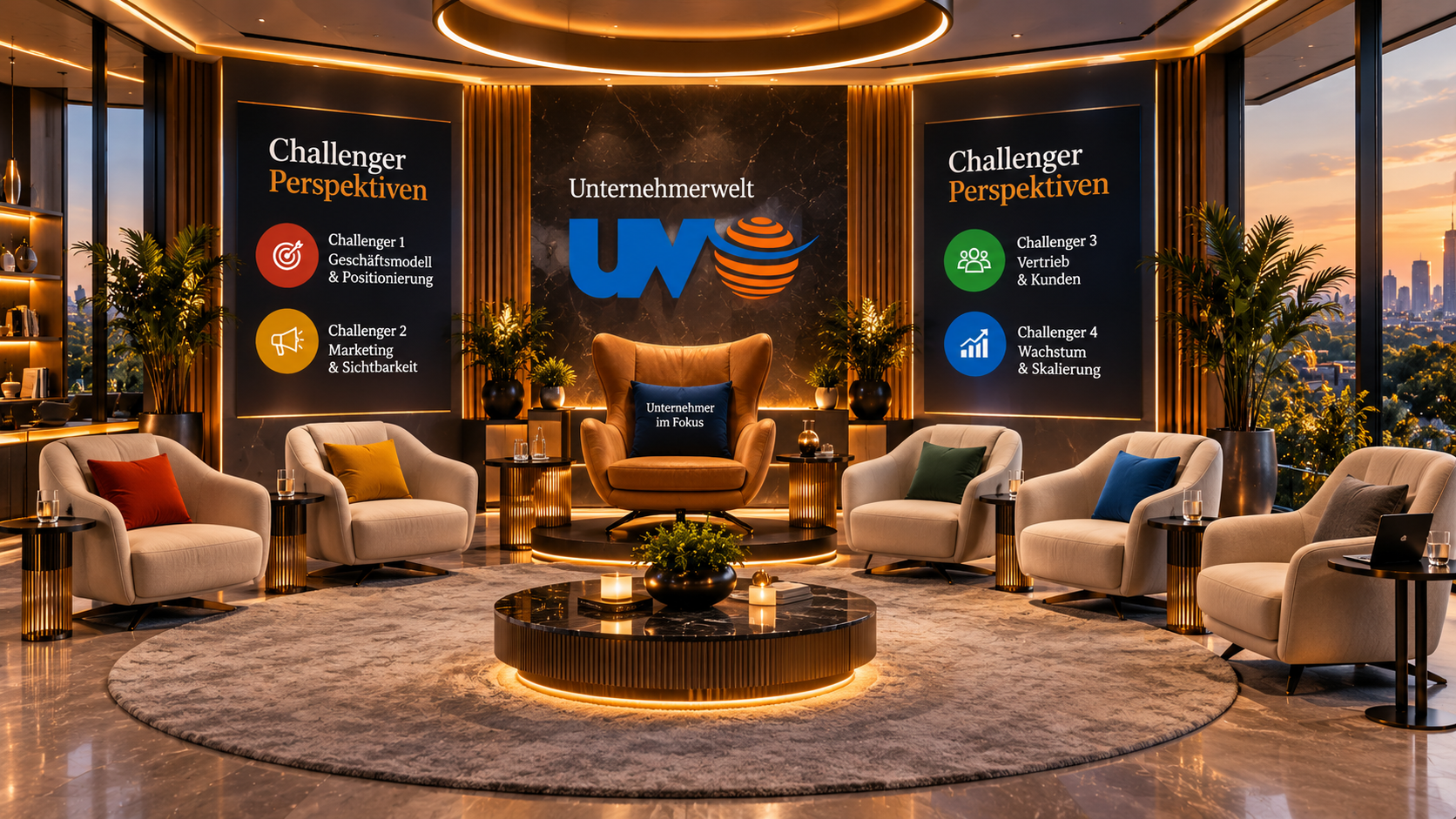 Hot Seat – ein Unternehmer im Fokus, umgeben von vier Challenger-Perspektiven
