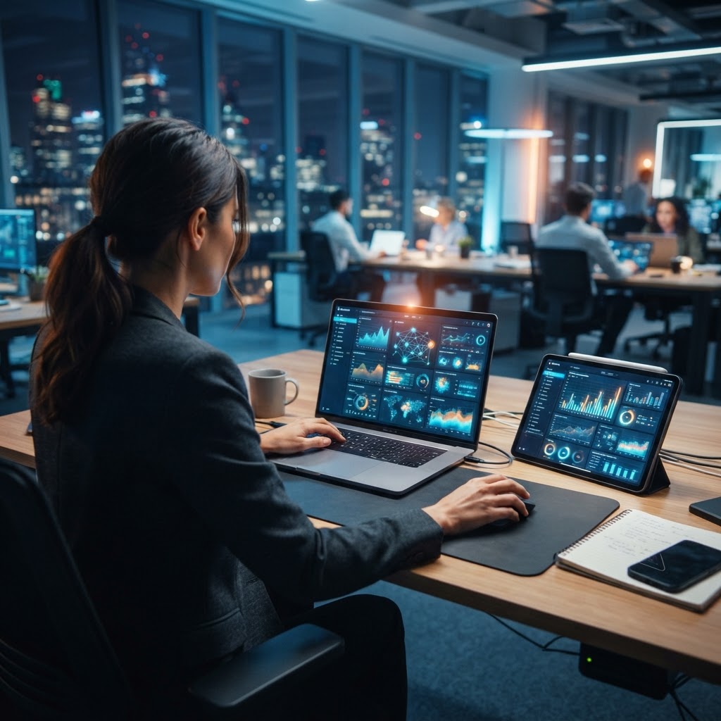 Ein Unternehmer arbeitet mit KI-gestützten Analysen am Laptop.