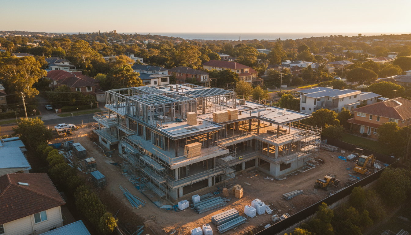 Modern home under construction showing precision building process