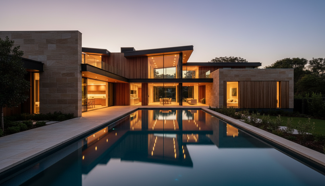 Luxury modern home in Sydney at dusk with warm interior lighting reflecting on pool
