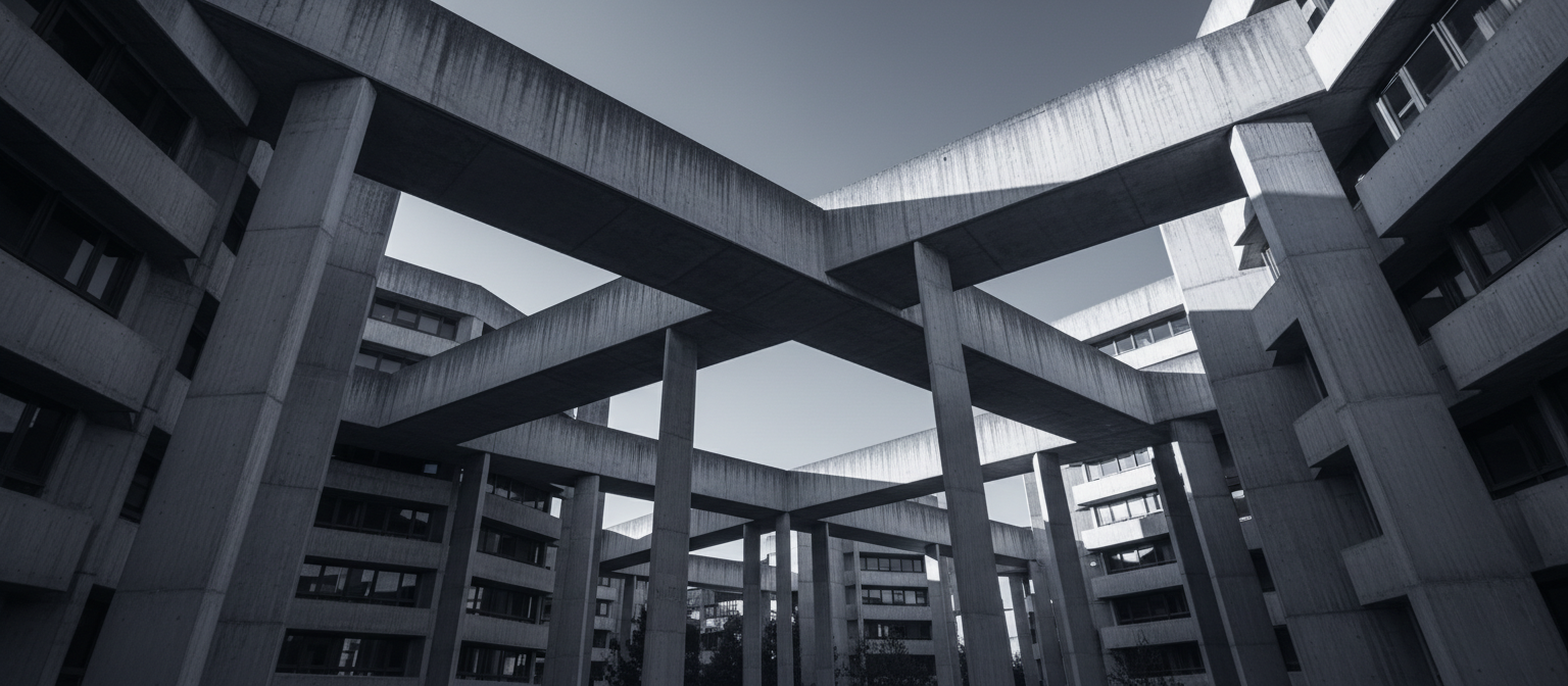Monumental blue-toned architectural structures