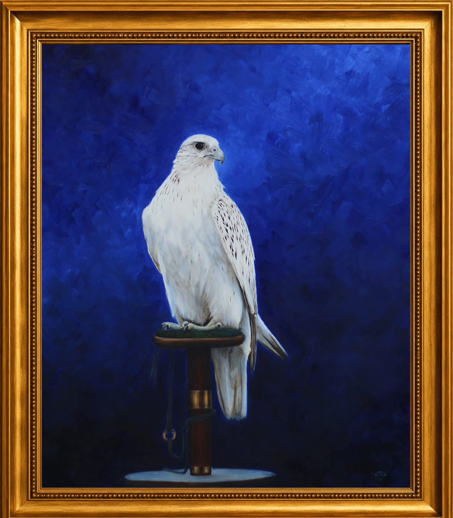 A rare and dramatic frontal view of a falcon in full dive — wings arched, eyes locked — a moment of pure aerial power frozen in oil.