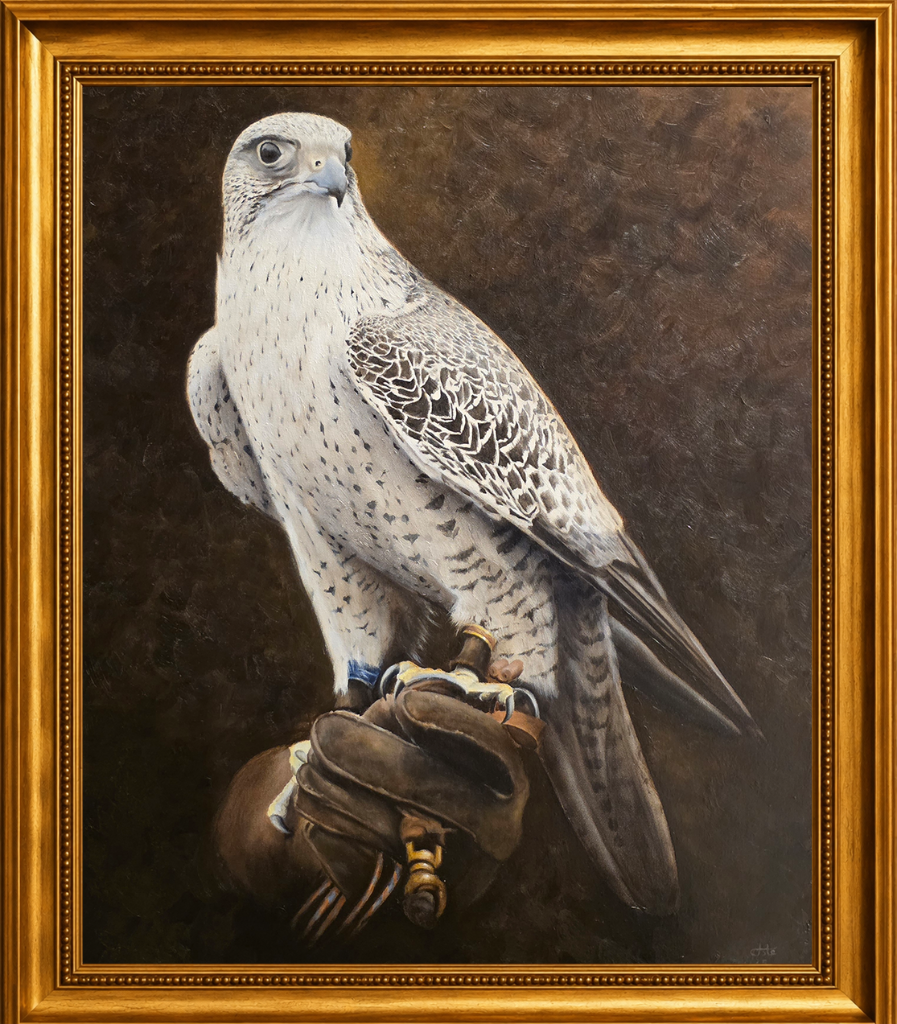 A pure white gyrfalcon stands in noble profile against a deep golden-ochre ground — a portrait of sovereignty and stillness.
