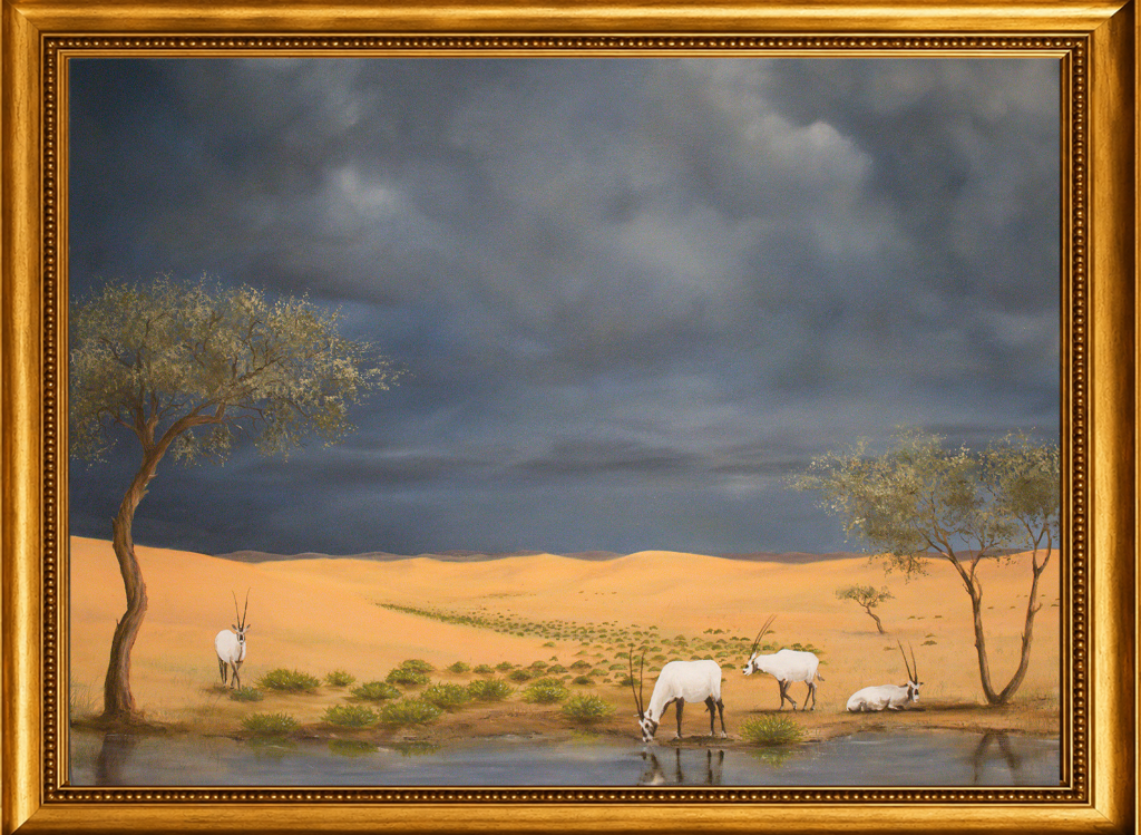 A herd of Arabian oryx gather at a desert waterhole beneath towering storm clouds — a sweeping landscape of survival, beauty, and belonging.