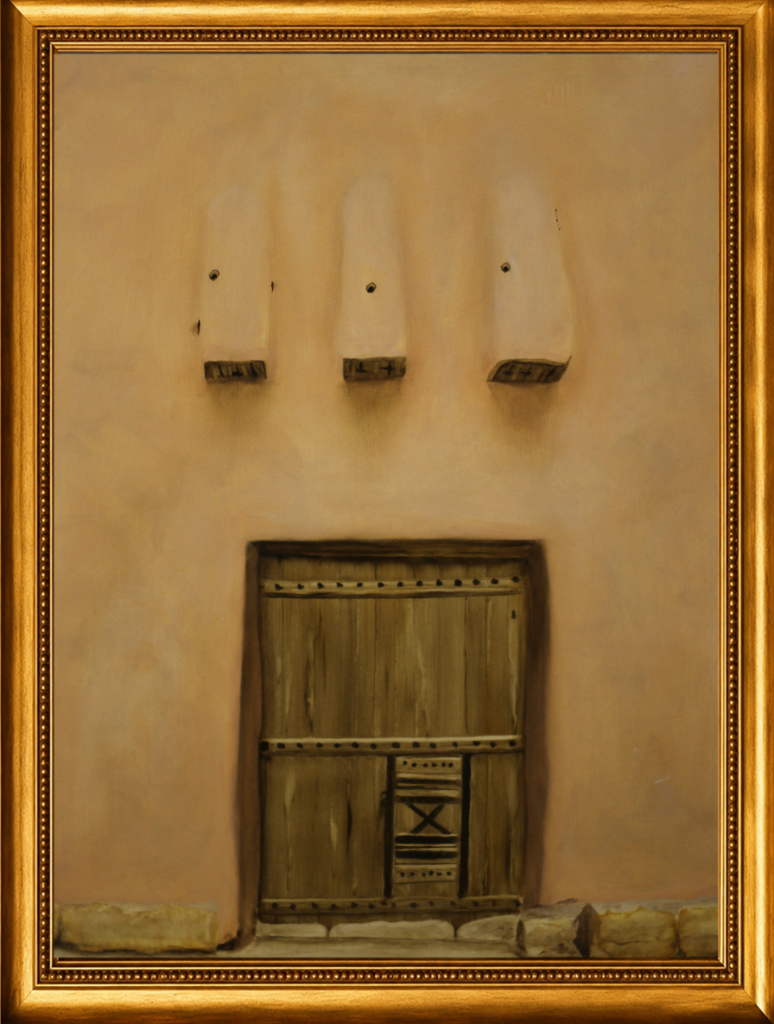 An austere and meditative composition — a traditional Najdi mud-brick facade with a weathered wooden door and three small window niches above.