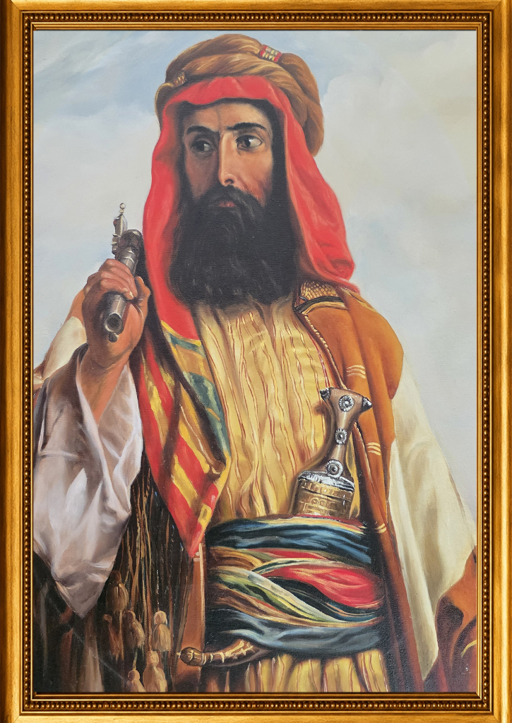 A powerful figurative portrait in the grand tradition, depicting a warrior in full traditional dress, blending realism with cultural reverence.