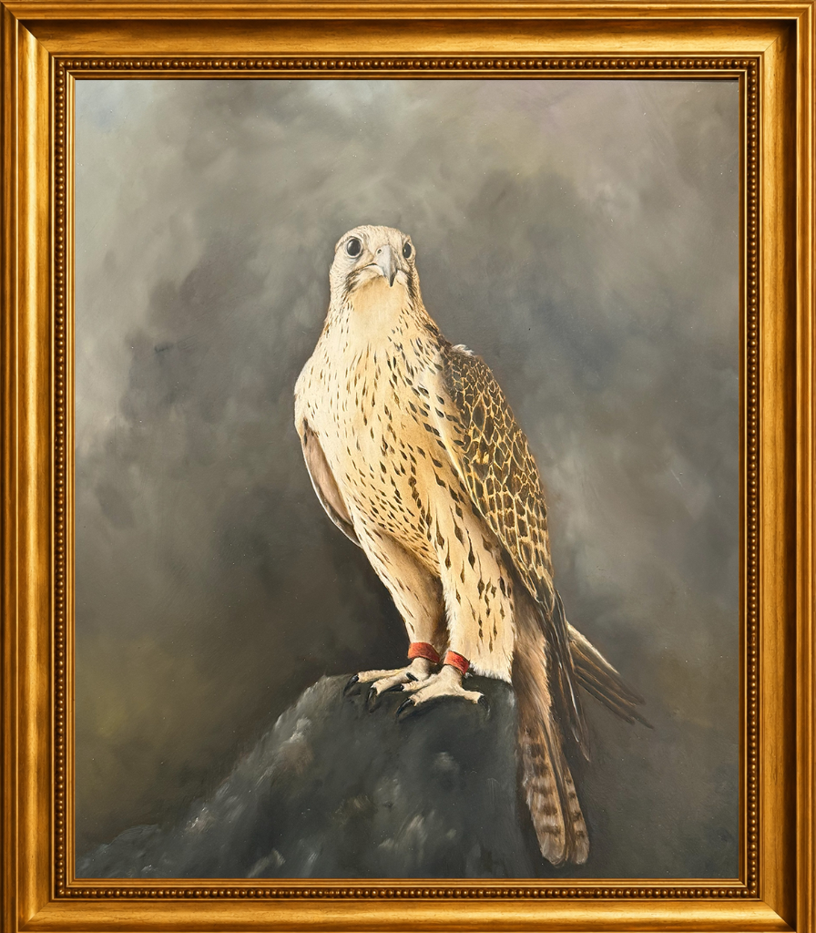 A saker falcon perched on dark rock, its cream and brown plumage rendered with extraordinary precision against a stormy grey sky.
