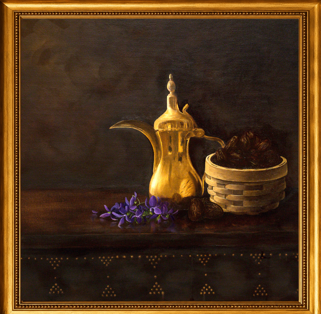 An intimate celebration of Saudi hospitality — a golden dallah beside a basket of dates and fresh violets, painted with extraordinary tenderness.