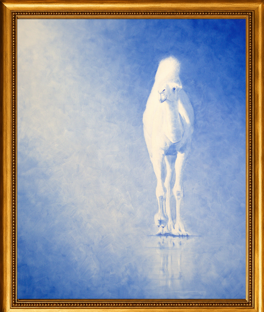 A white camel rendered in ethereal blue tones, its form emerging luminously from a cobalt ground — a meditative study of Arabia's most iconic creature.