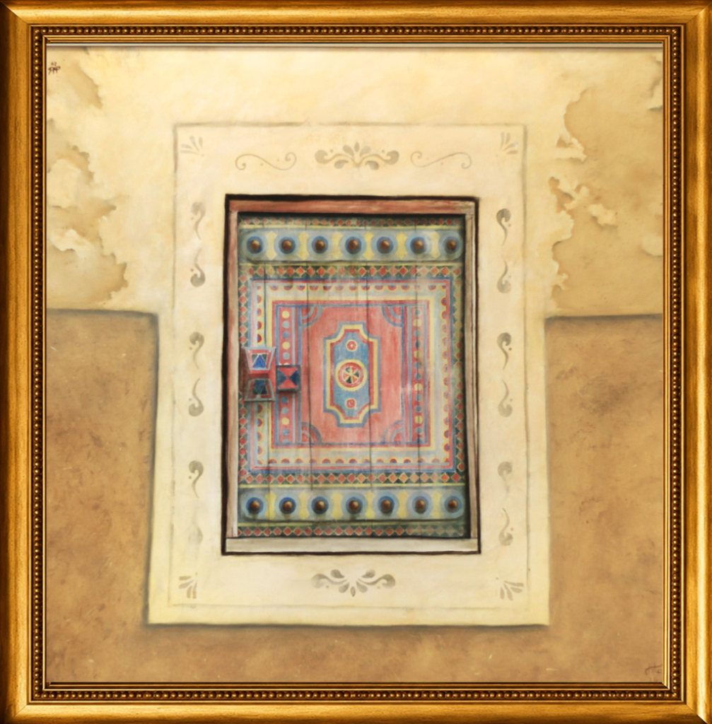 A delicate study of a polychrome traditional door set within an aged plaster wall — folk artistry preserved with oil painting's full authority.