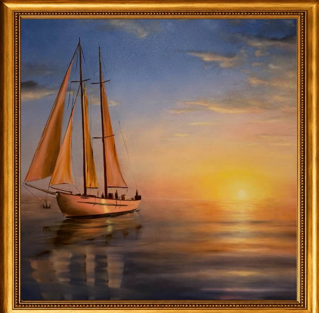 A tall-masted sailing vessel glides across a golden, glassy sea as the sun descends — stillness, warmth, and the poetry of a perfect evening.