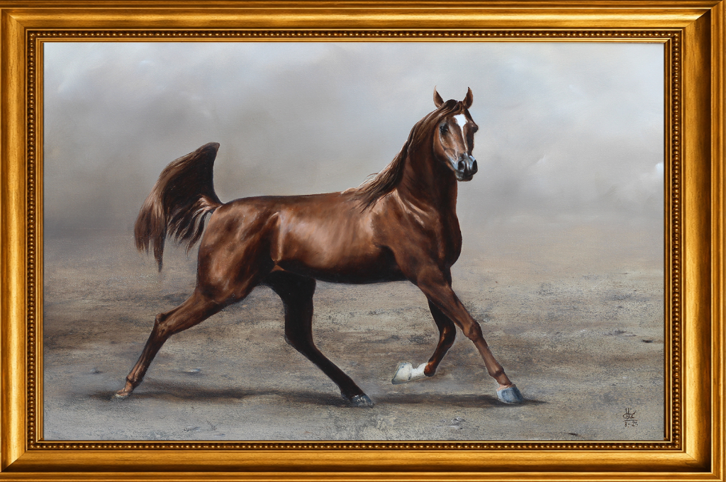 A chestnut Arabian gallops freely across open desert ground, mane flowing, every muscle alive — an ode to unbridled freedom and equine beauty.
