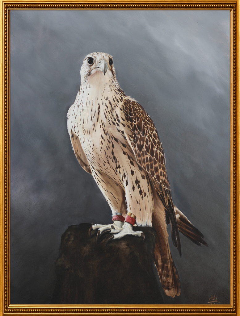 A saker falcon perched on dark rock, its cream and brown plumage rendered with extraordinary precision against a stormy grey sky.