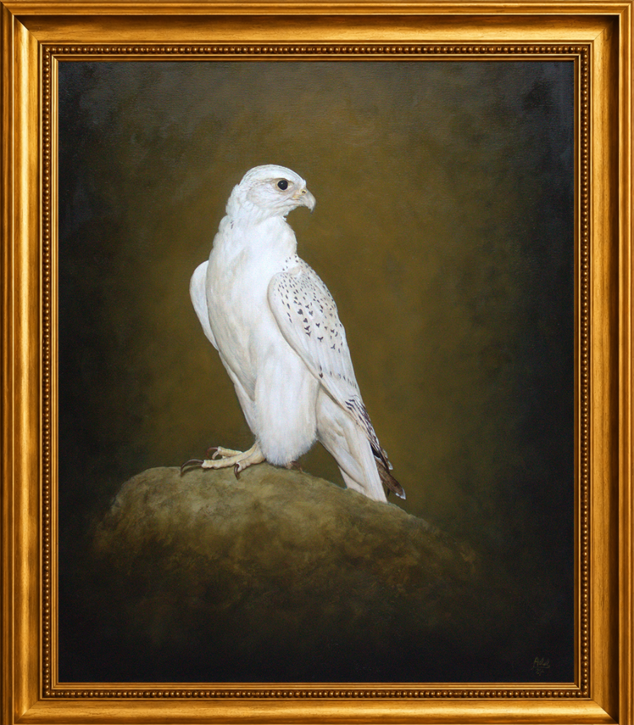 A peregrine falcon, the world's fastest bird, perched on a falconer's glove against a luminous deep blue ground — power and partnership captured in oil.